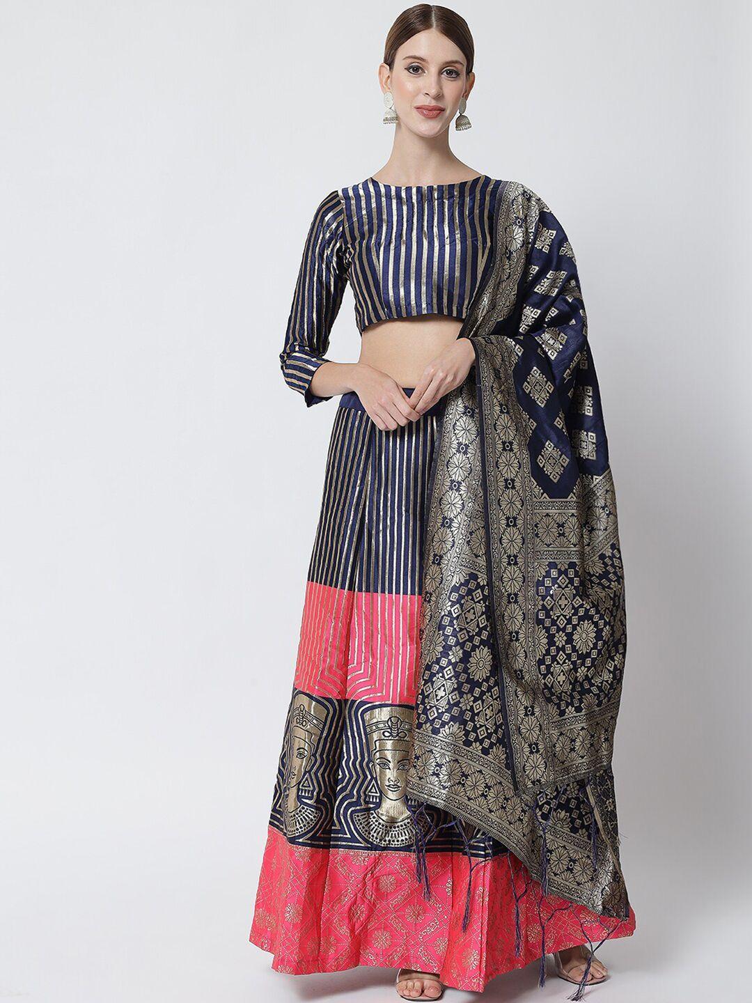 divastri pink & blue printed ready to wear lehenga & unstitched blouse with dupatta