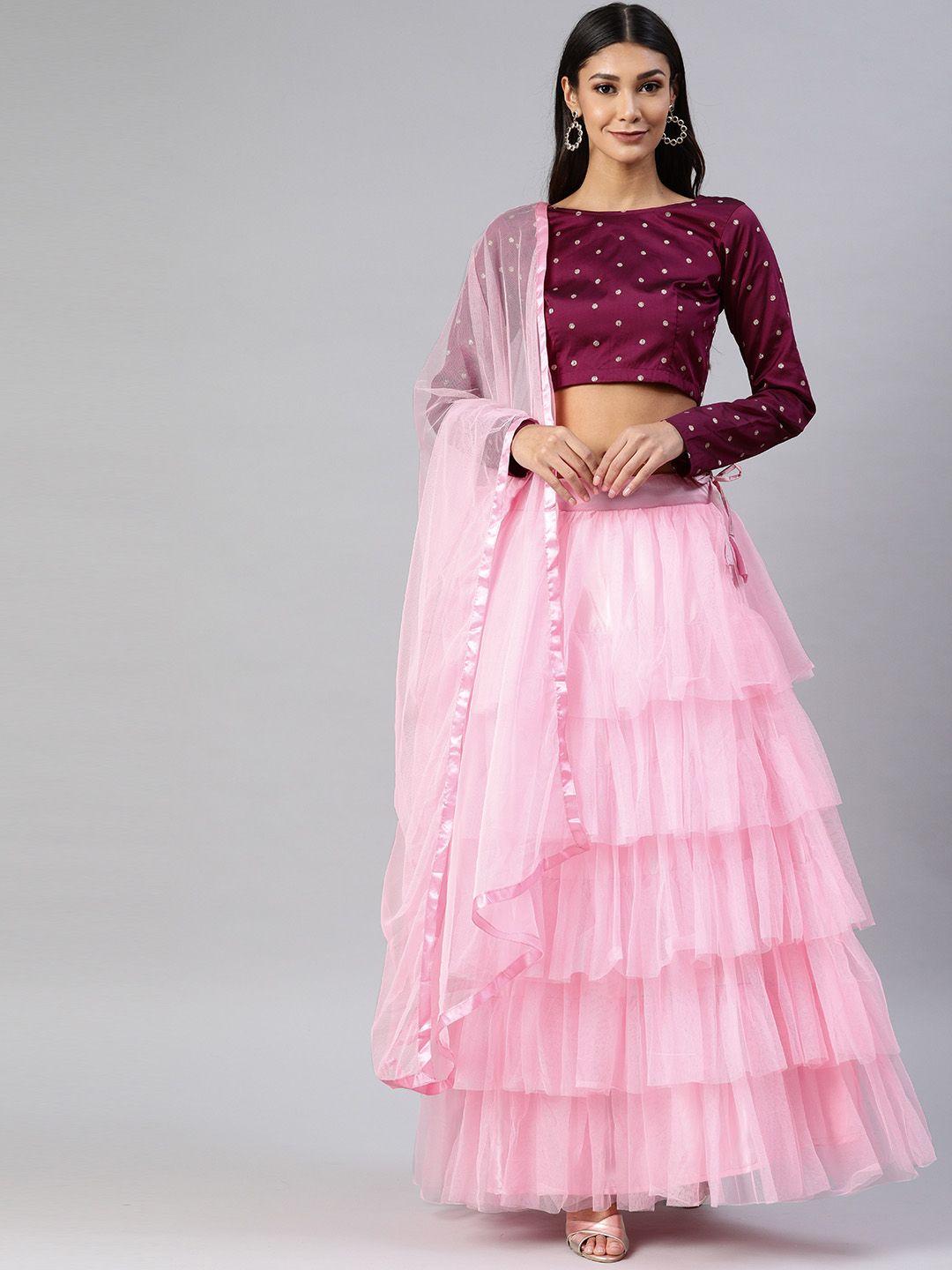 divastri pink & burgundy woven-design semi-stitched lehenga with unstitched choli