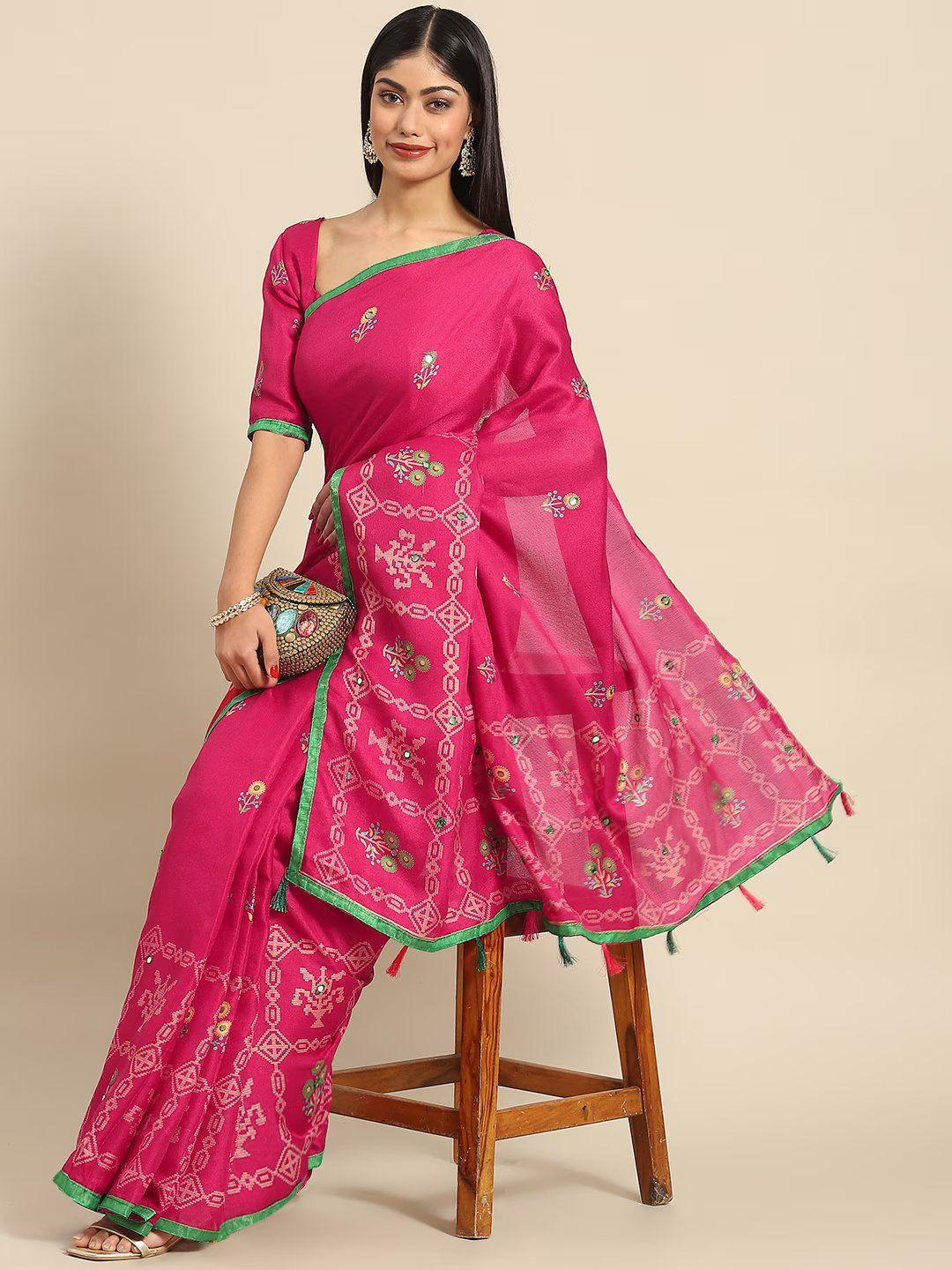 divastri pink & green floral mirror work jute silk saree