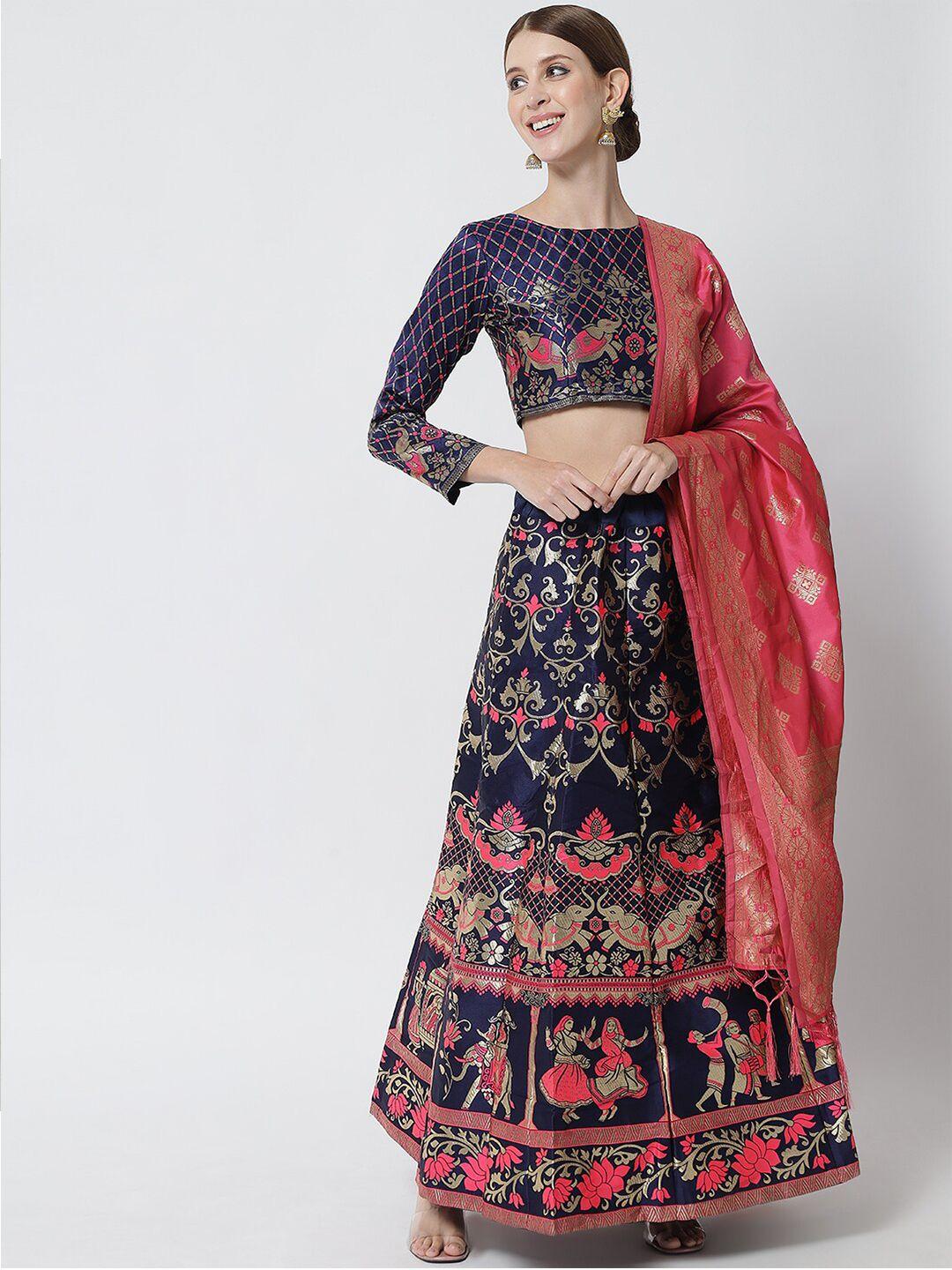 divastri pink & navy blue printed ready to wear lehenga & unstitched blouse with dupatta