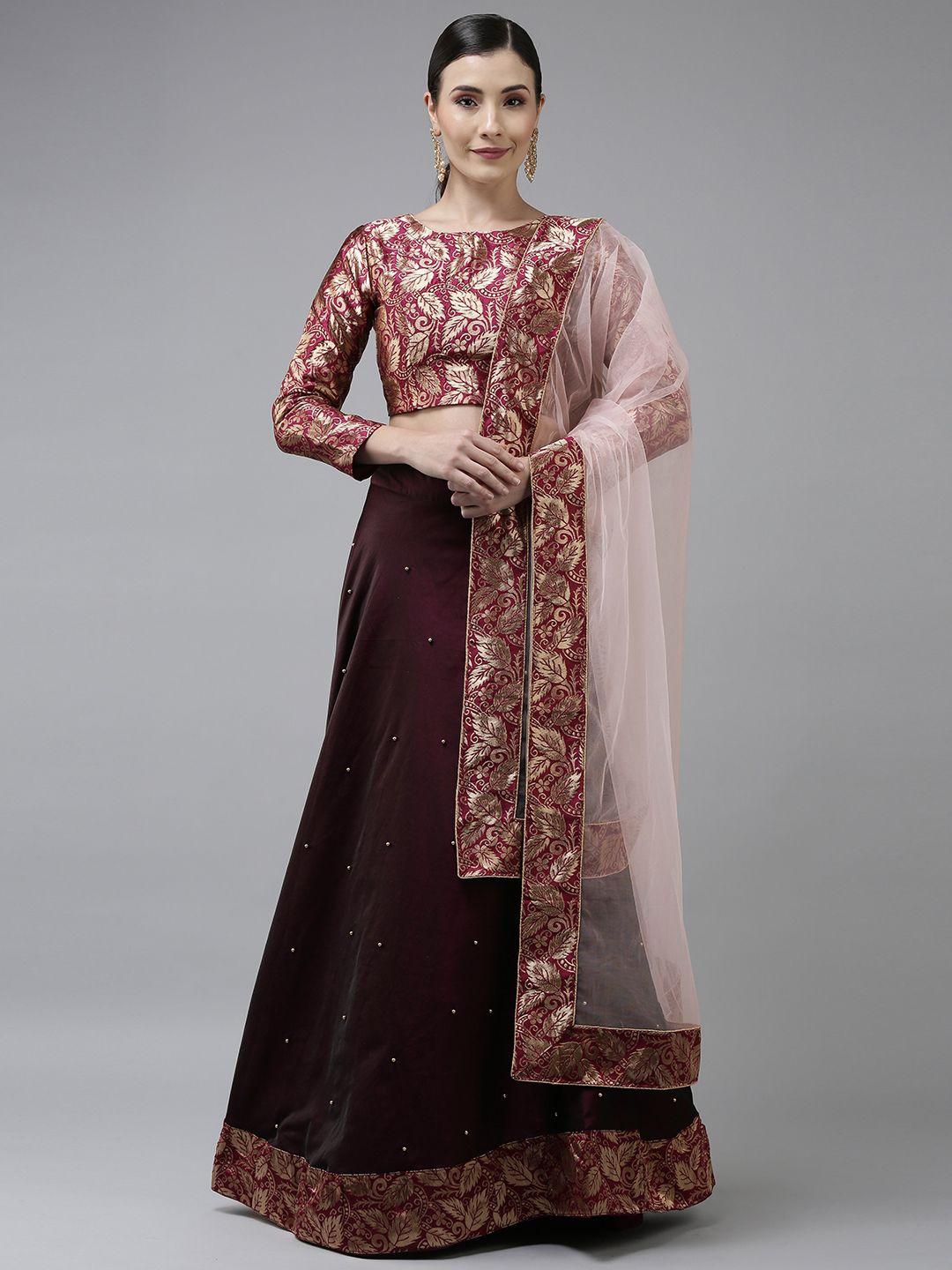 divastri purple & gold-toned semi-stitched lehenga & unstitched blouse with dupatta