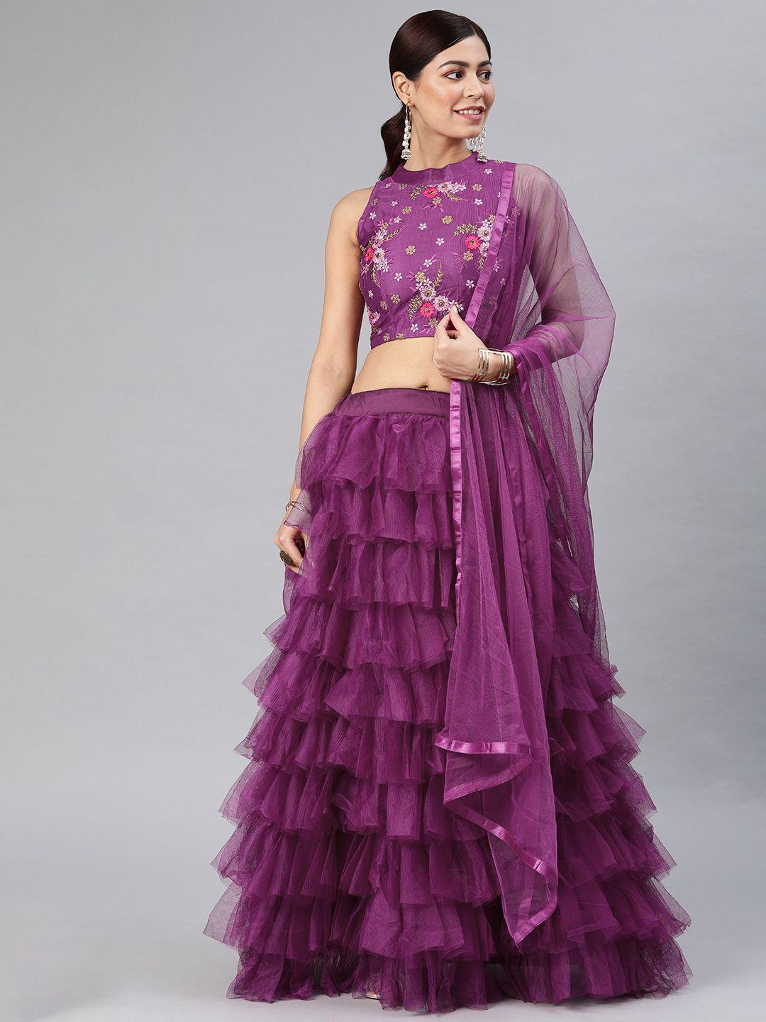 divastri purple embroidered semi-stitched tiered lehenga & unstitched blouse with dupatta