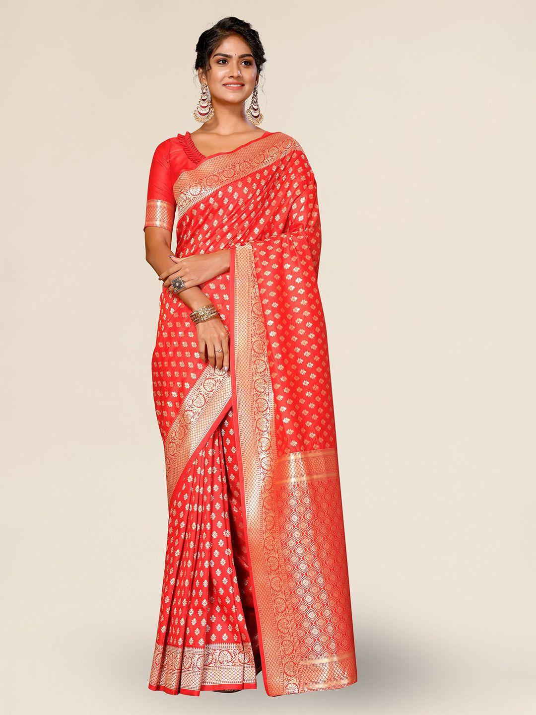 divastri red & gold-toned woven design zari silk blend banarasi saree