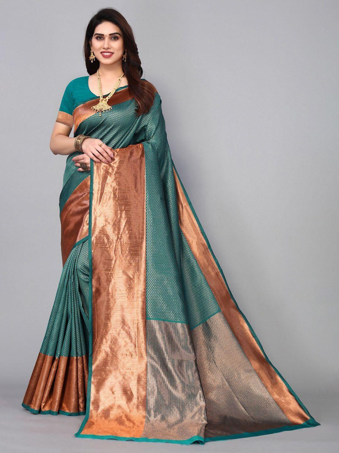 divastri sea green & orange woven design zari silk cotton banarasi saree