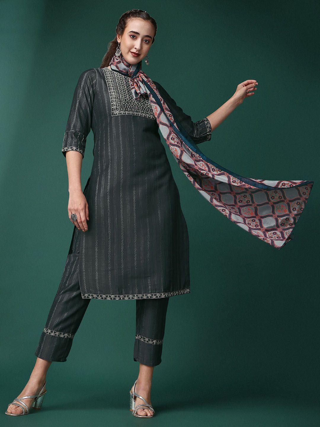 divastri striped three-quarter sleeves thread work regular kurta with palazzos & dupatta