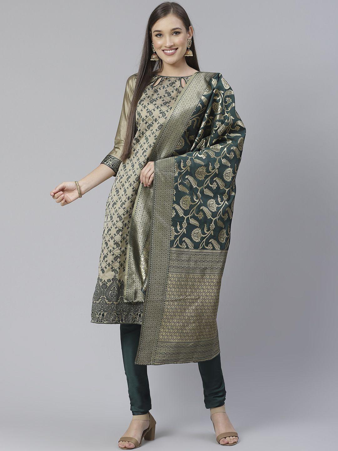 divastri taupe & green woven design unstitched dress material with dupatta
