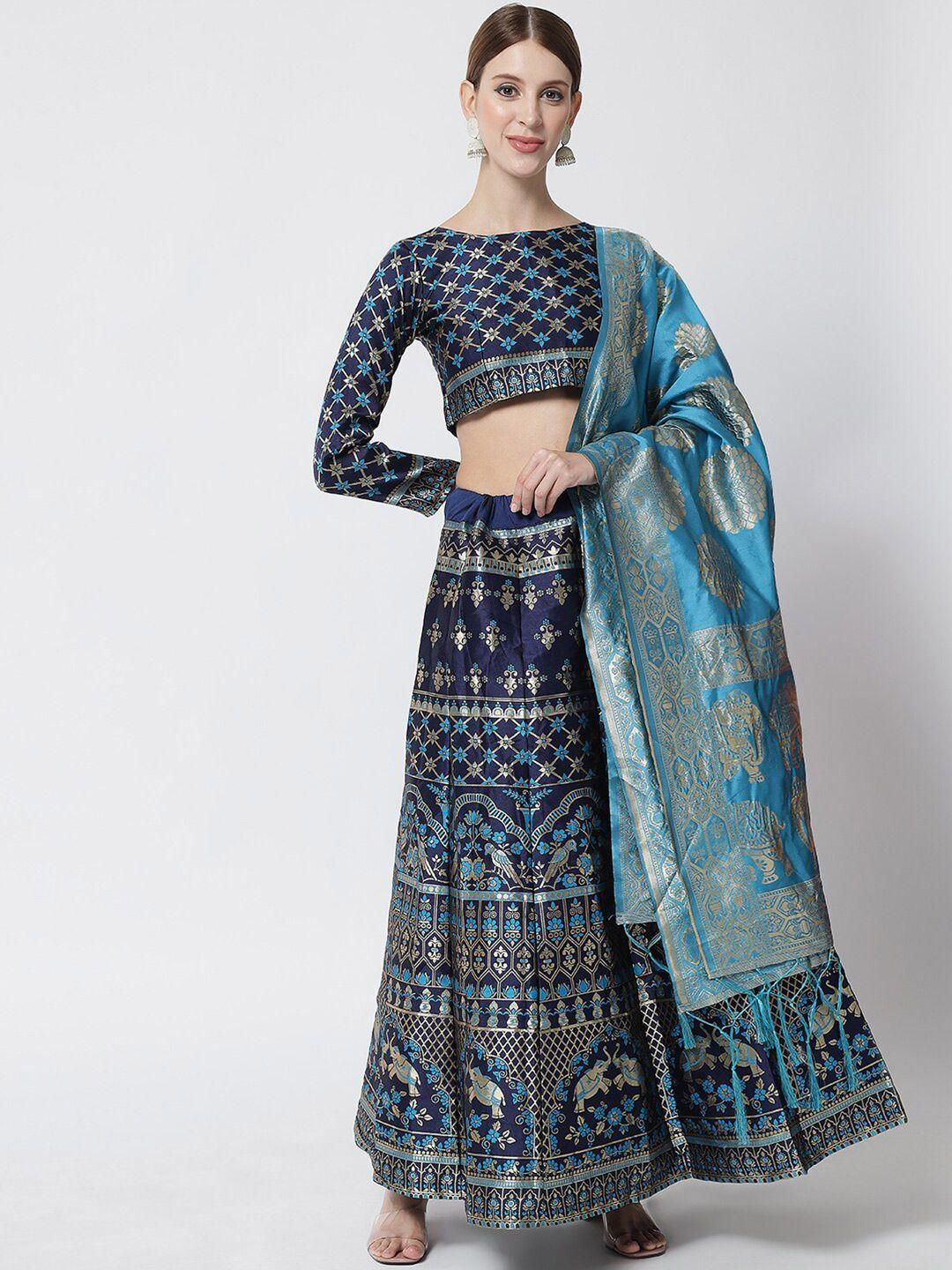 divastri turquoise blue & gold-toned printed ready to wear lehenga & unstitched blouse with dupatta