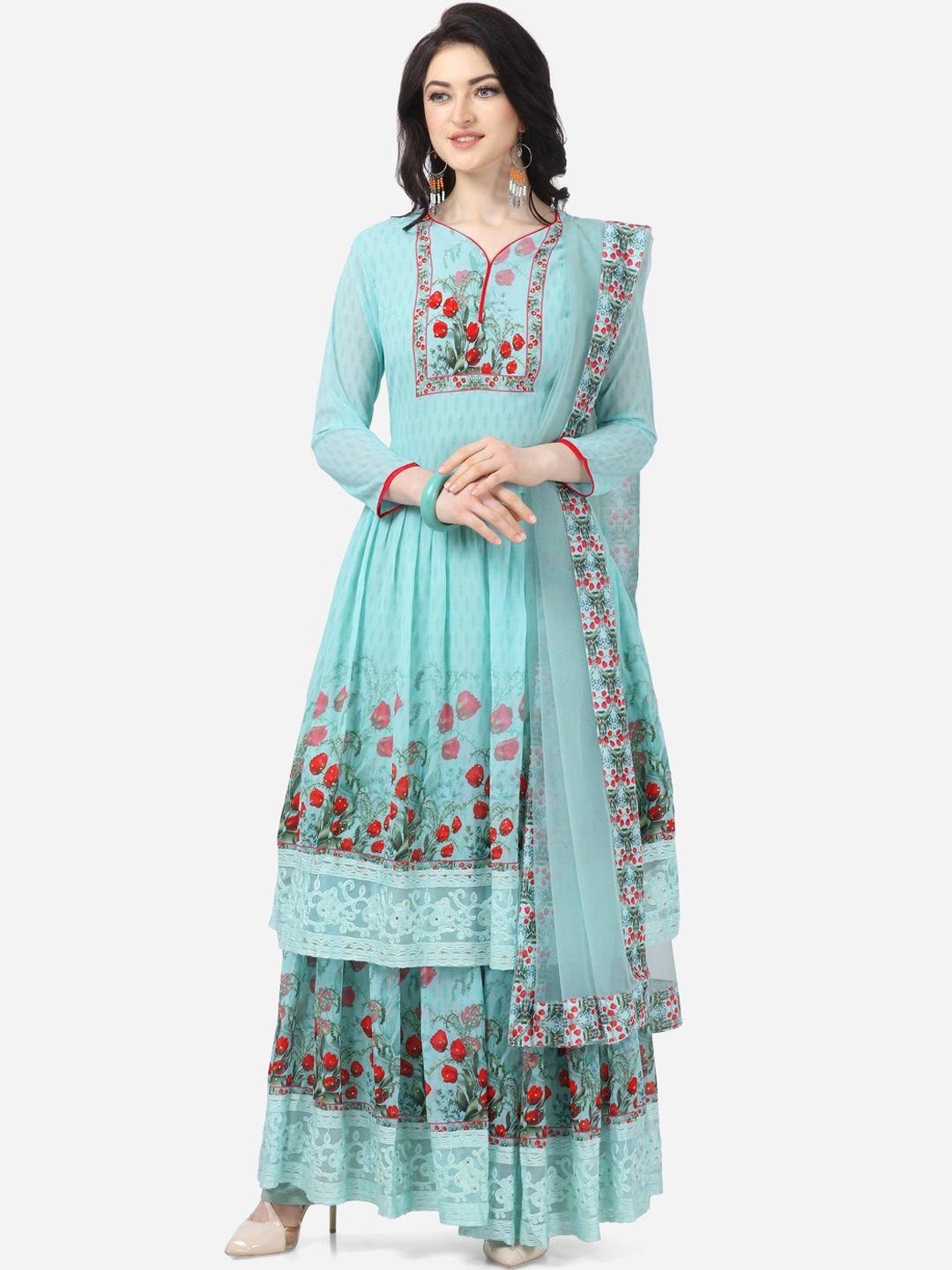 divastri turquoise blue & red poly georgette semi-stitched dress material