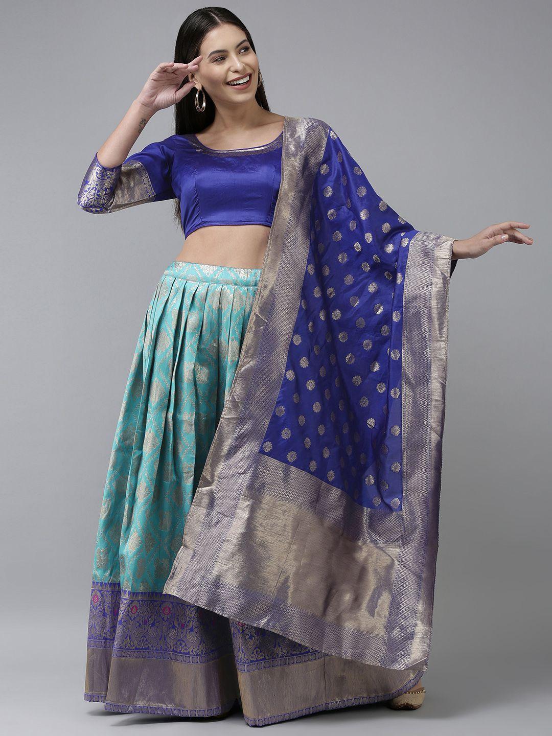 divastri turquoise blue & silver-toned unstitched lehenga & blouse with dupatta