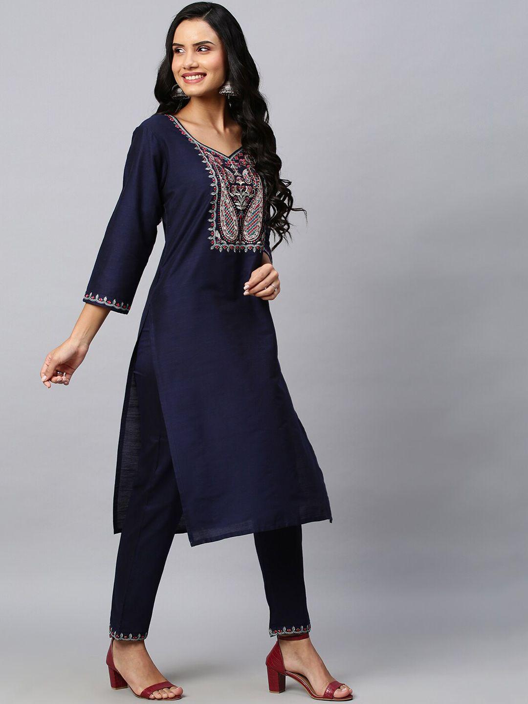 divastri v neck paisley yoke design thread work straight kurta with palazzos