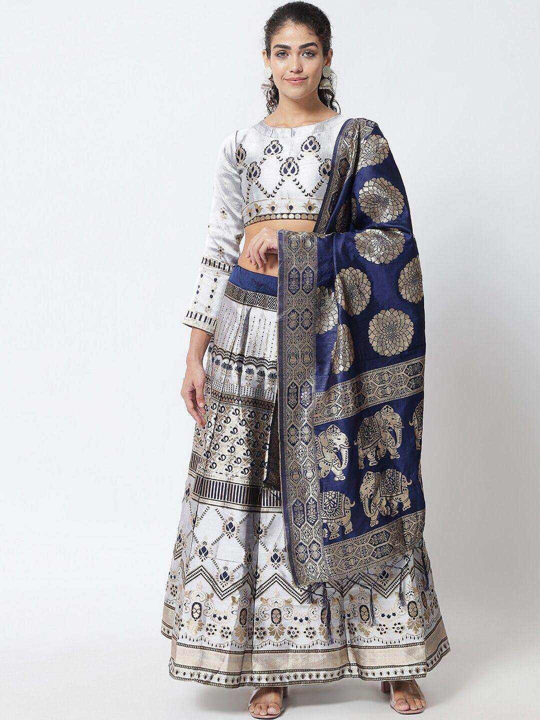 divastri white & blue printed semi-stitched lehenga & unstitched blouse with dupatta