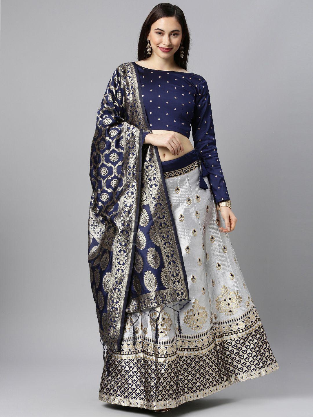 divastri white & navy blue semi-stitched lehenga & unstitched blouse with dupatta