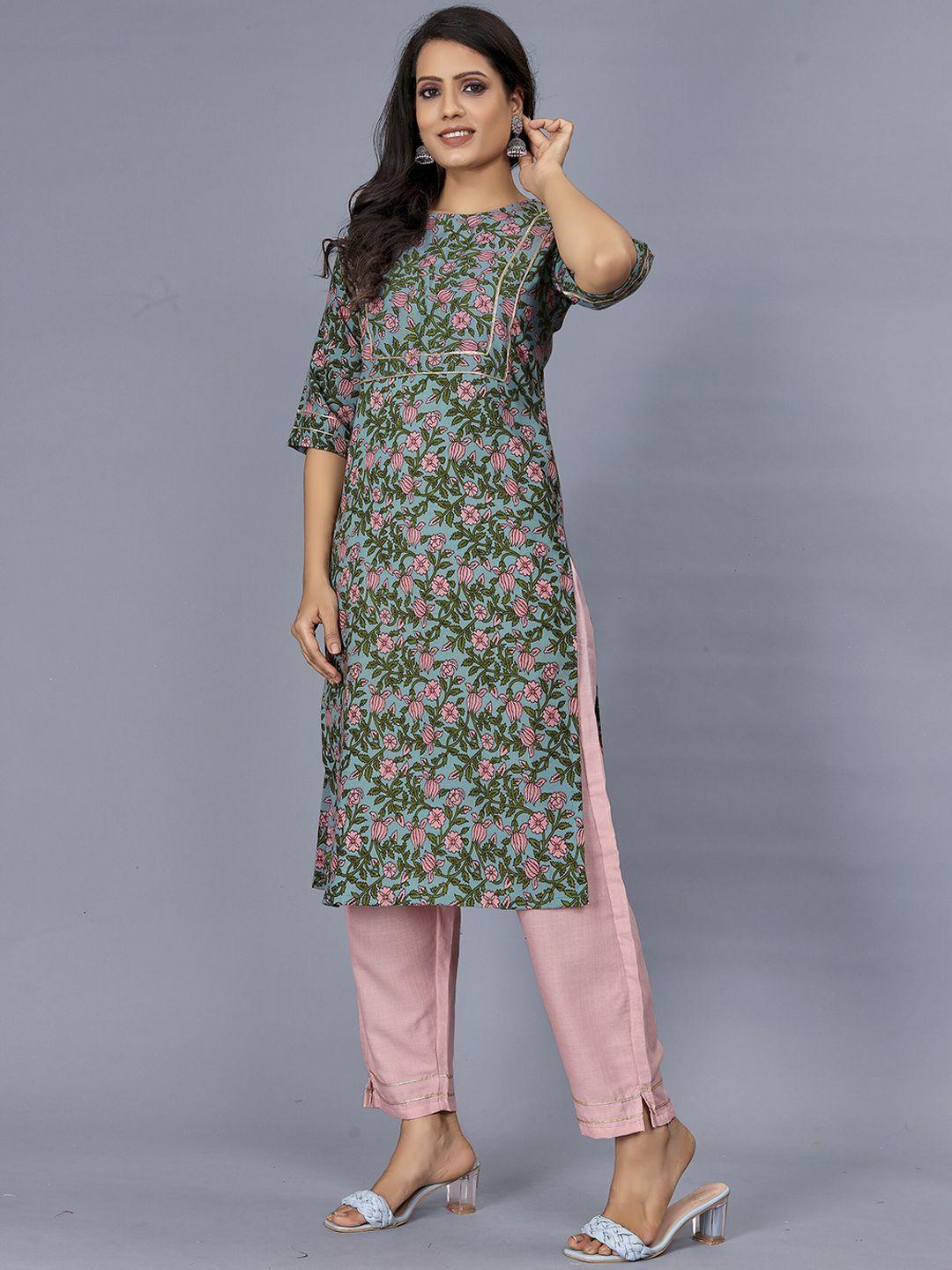 divastri women floral printed regular thread work pure cotton kurta with trousers