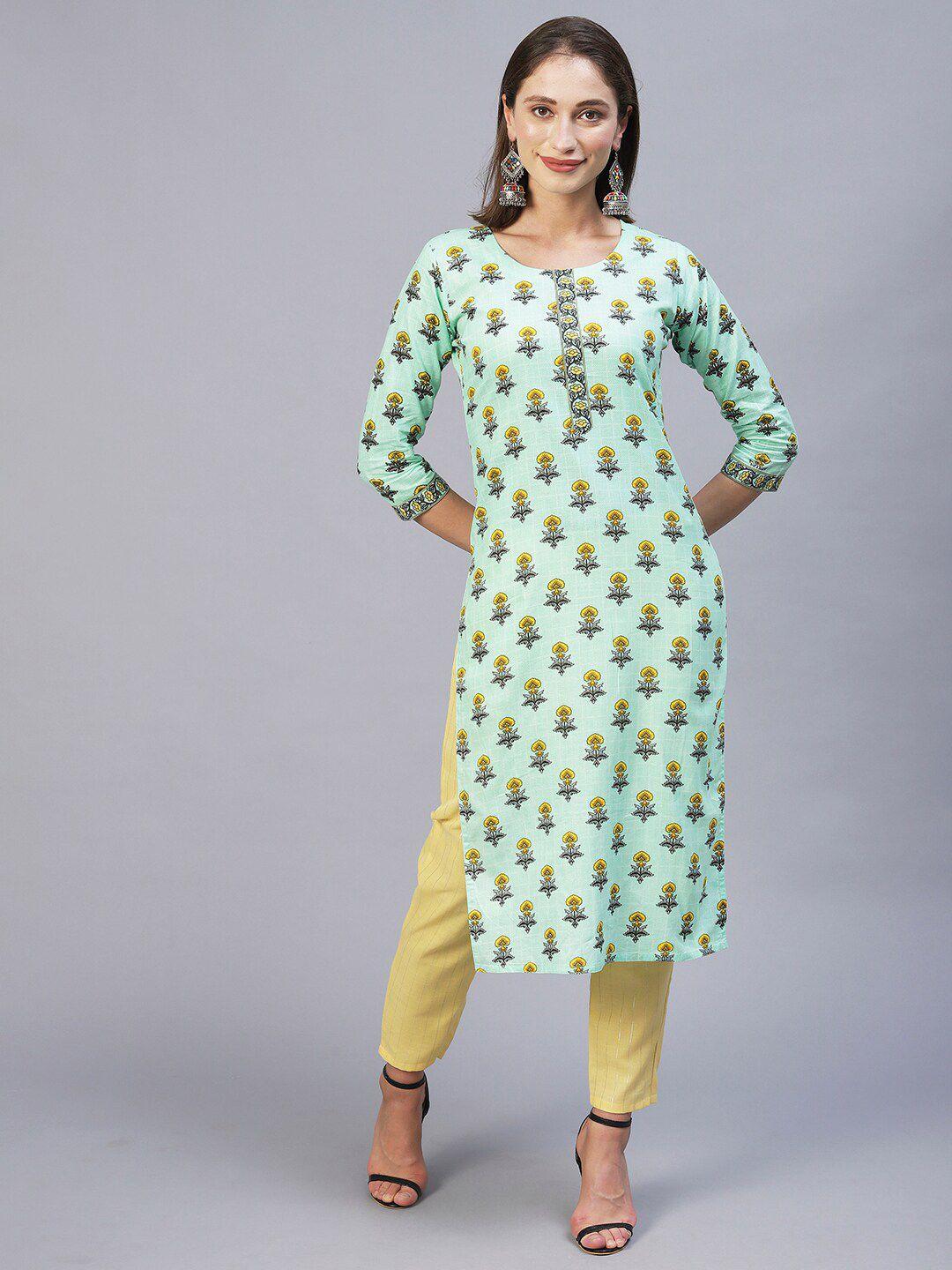 divastri women floral printed regular thread work pure cotton kurta with trousers