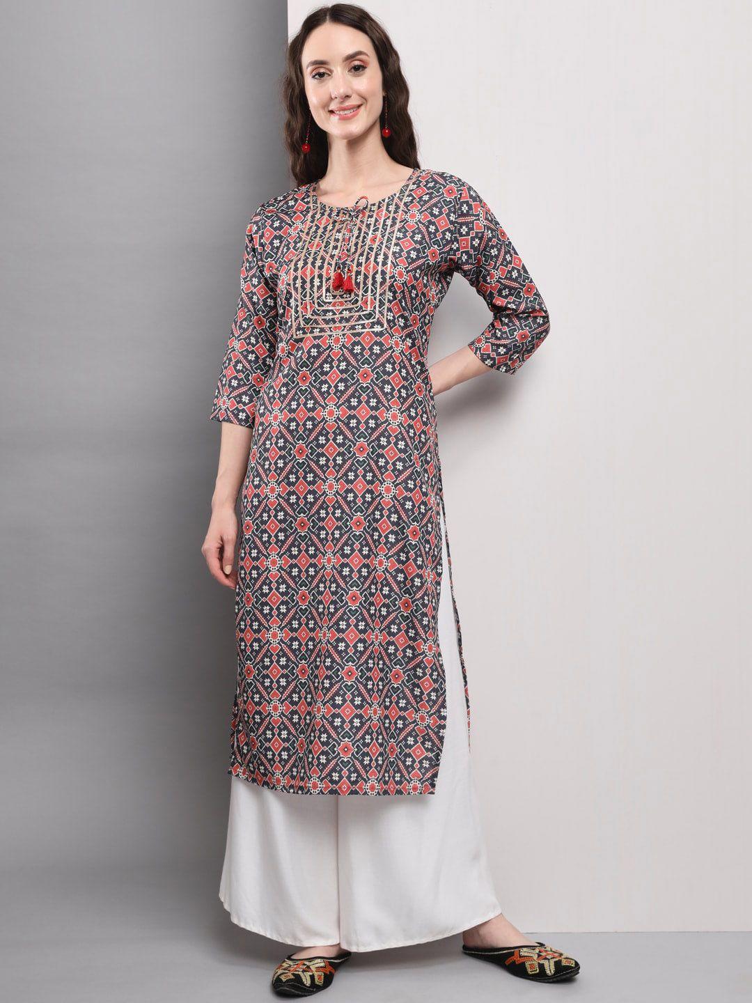 divastri women geometric printed mirror work floral kurta