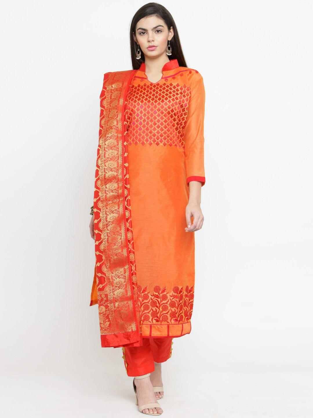 divastri women orange & gold-toned embroidered unstitched dress material