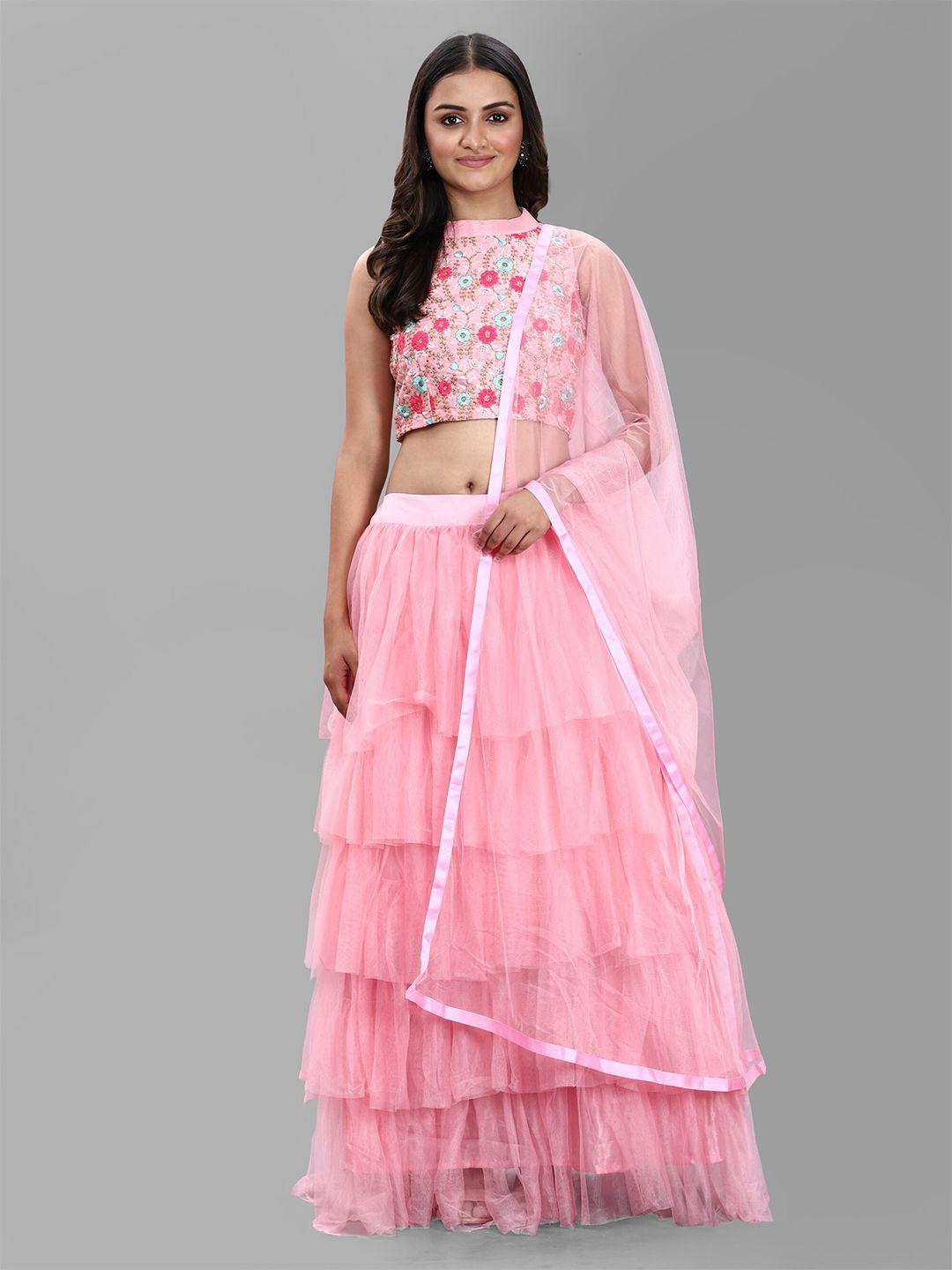 divastri women pink embroidered semi-stitched lehenga & unstitched blouse with dupatta