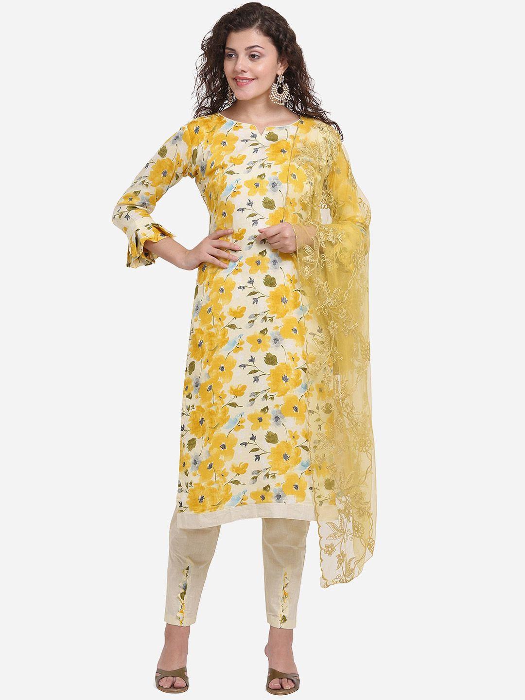 divastri yellow & cream-coloured cotton blend unstitched dress material