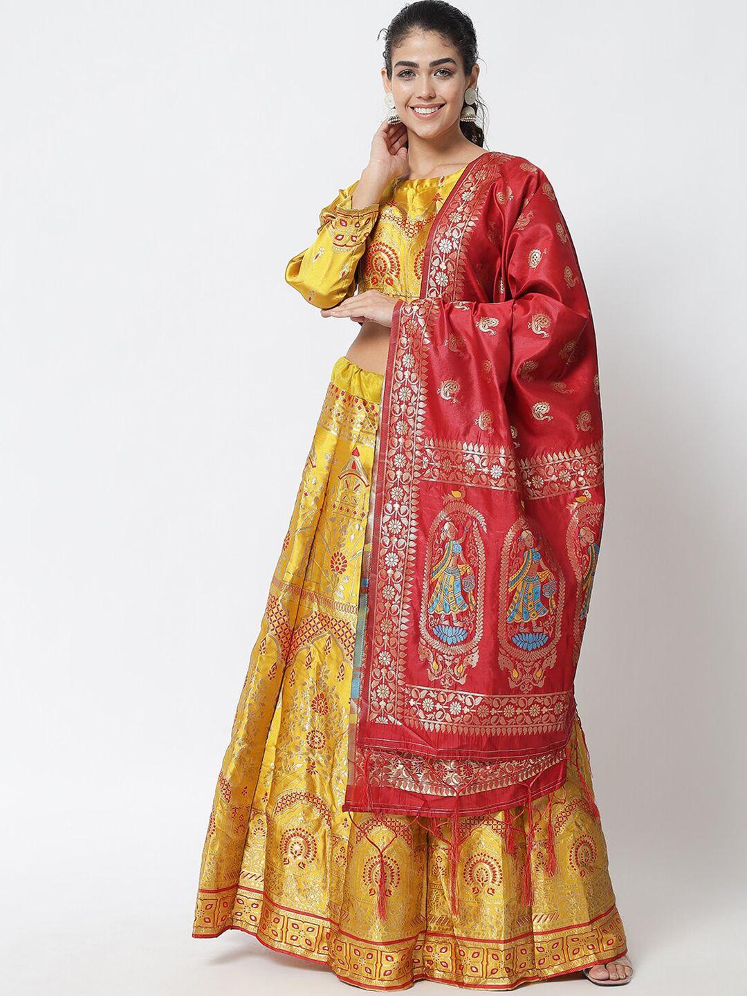 divastri yellow & red printed semi-stitched lehenga & unstitched blouse with dupatta