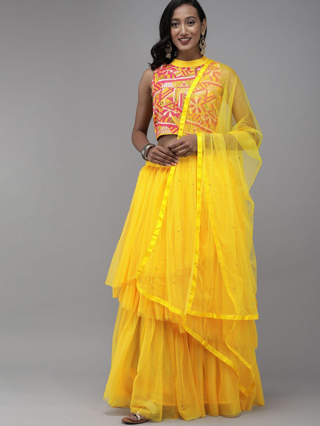 divastri yellow embroidered tiered semi-stitched lehenga & blouse with dupatta