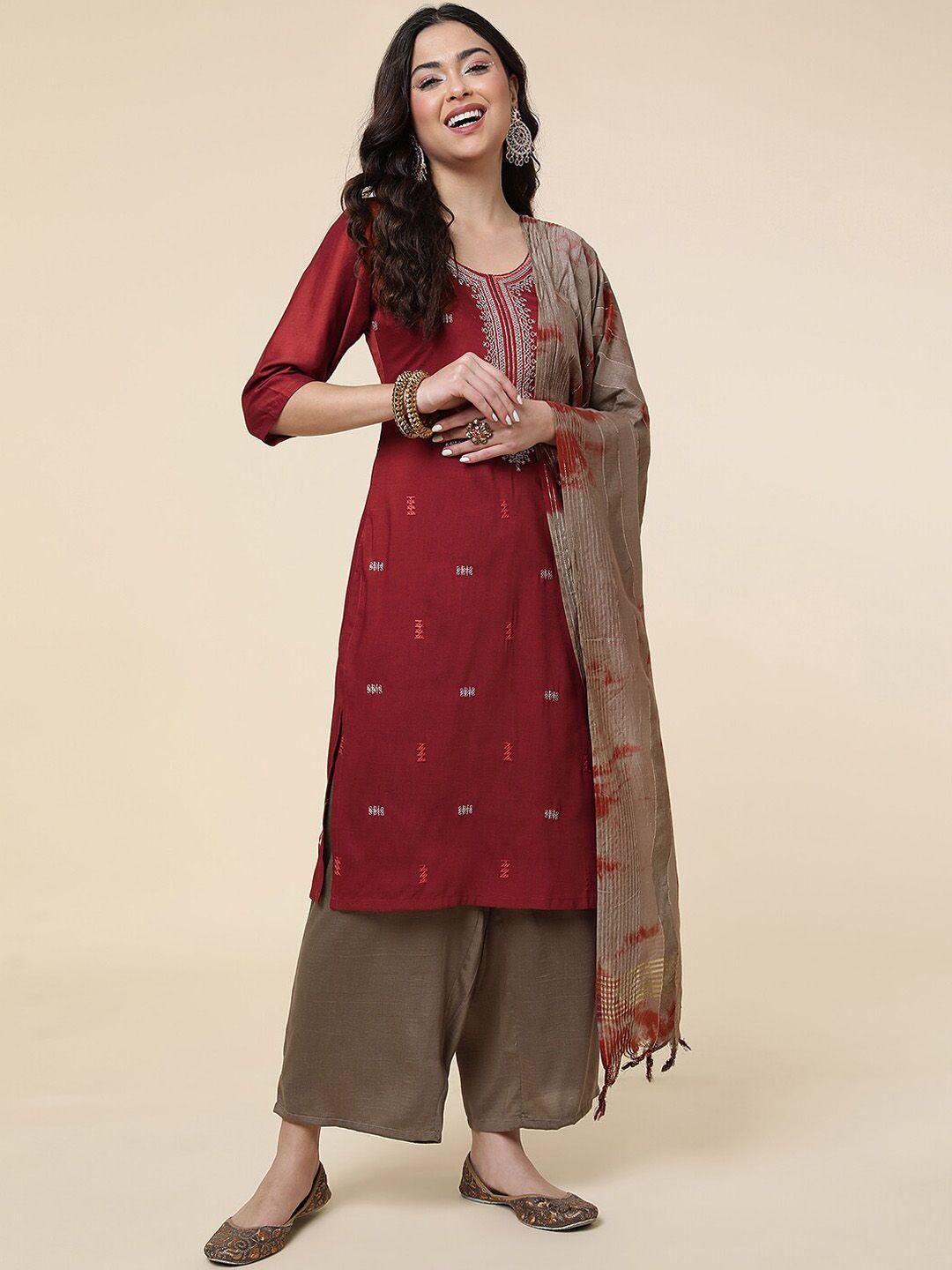 divastri yoke design thread work regular silk chiffon kurta with palazzos & dupatta