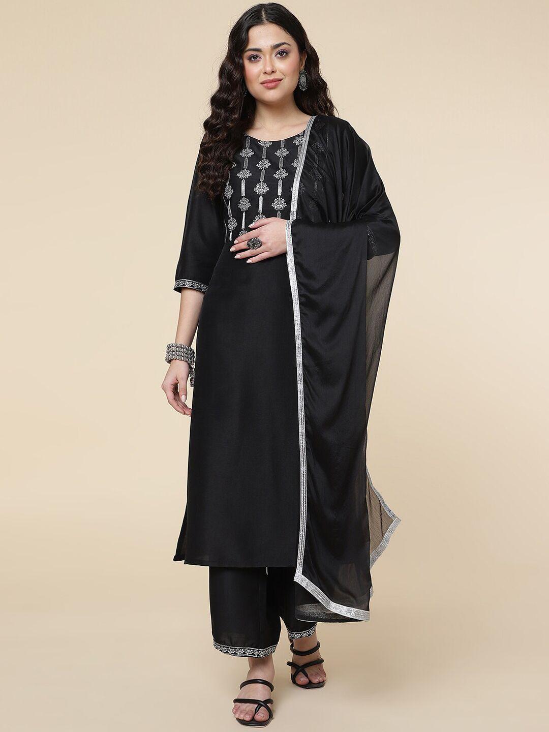 divastri yoke design thread work straight silk chiffon kurta with palazzos & dupatta