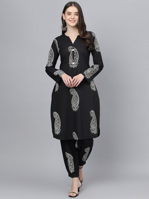 divena black cotton paisley print kurta salwar set