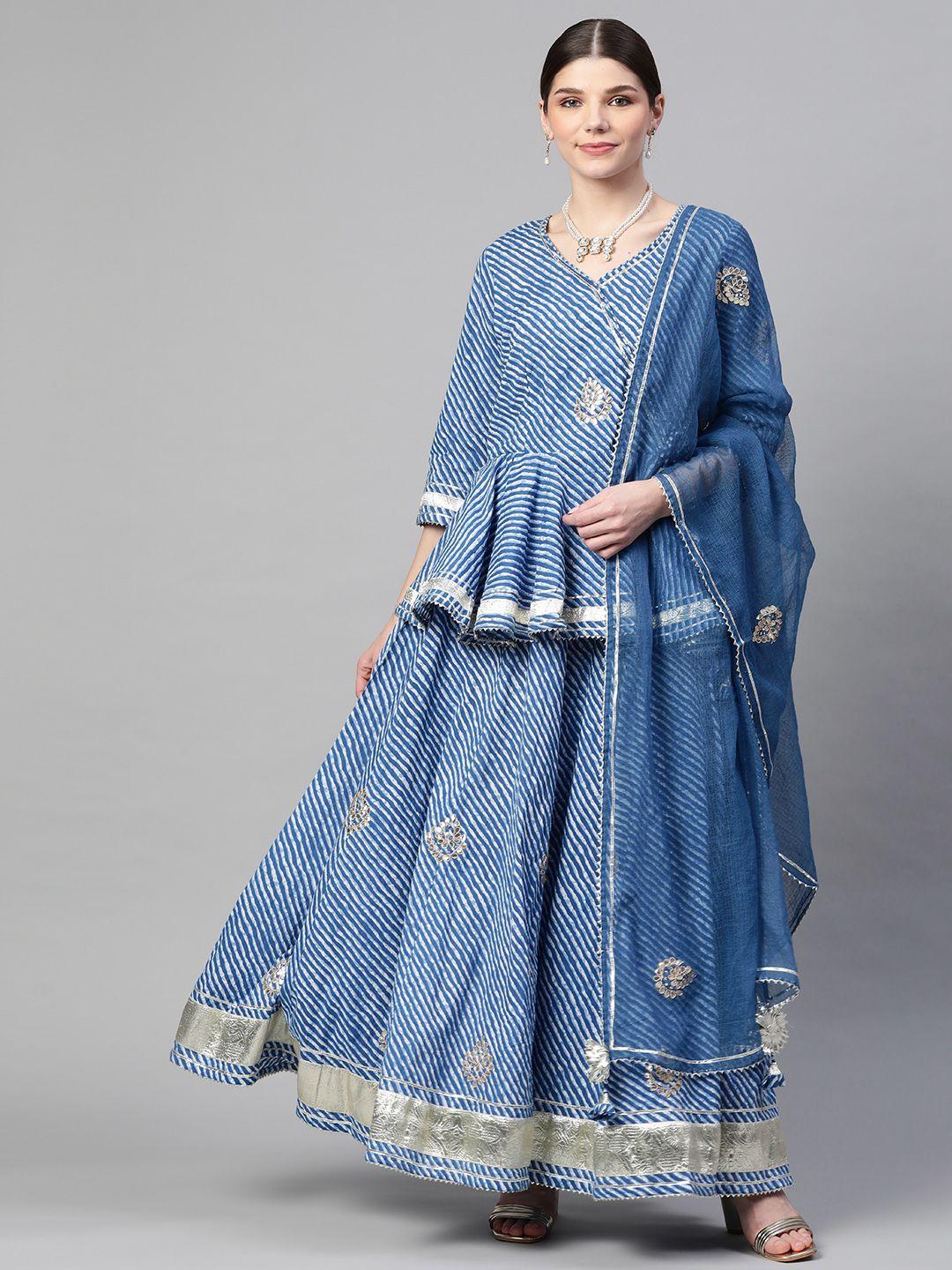 divena blue & white printed ready to wear lehenga & blouse with dupatta