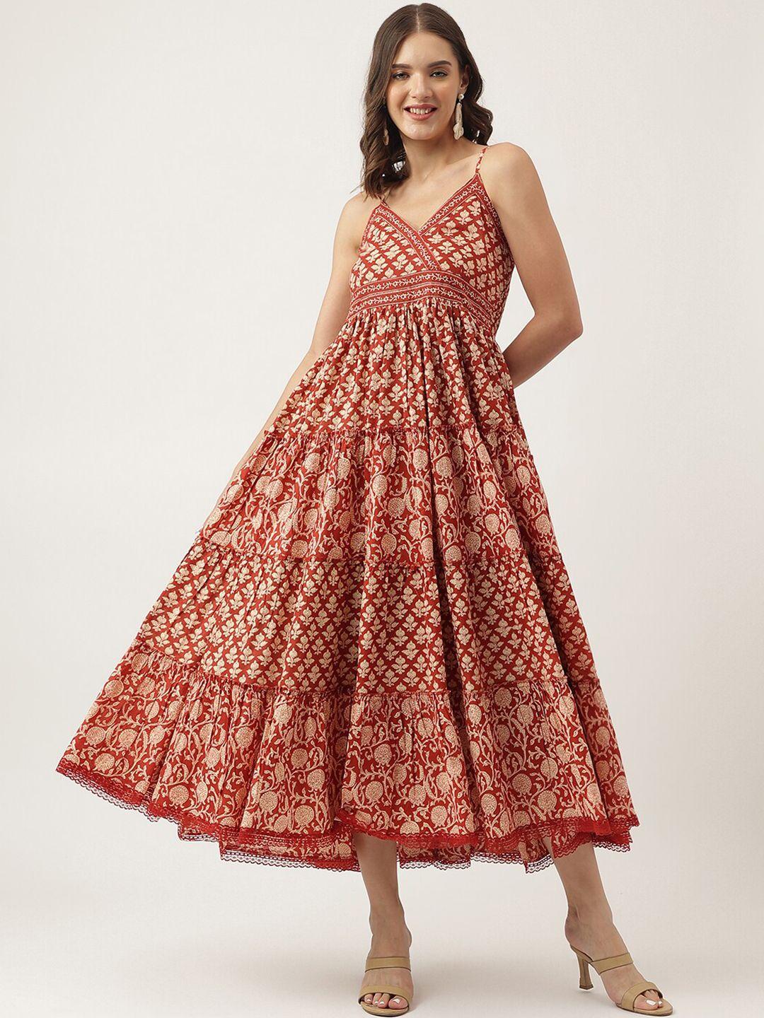 divena ethnic motifs printed smocked detailed cotton fit & flare midi dress