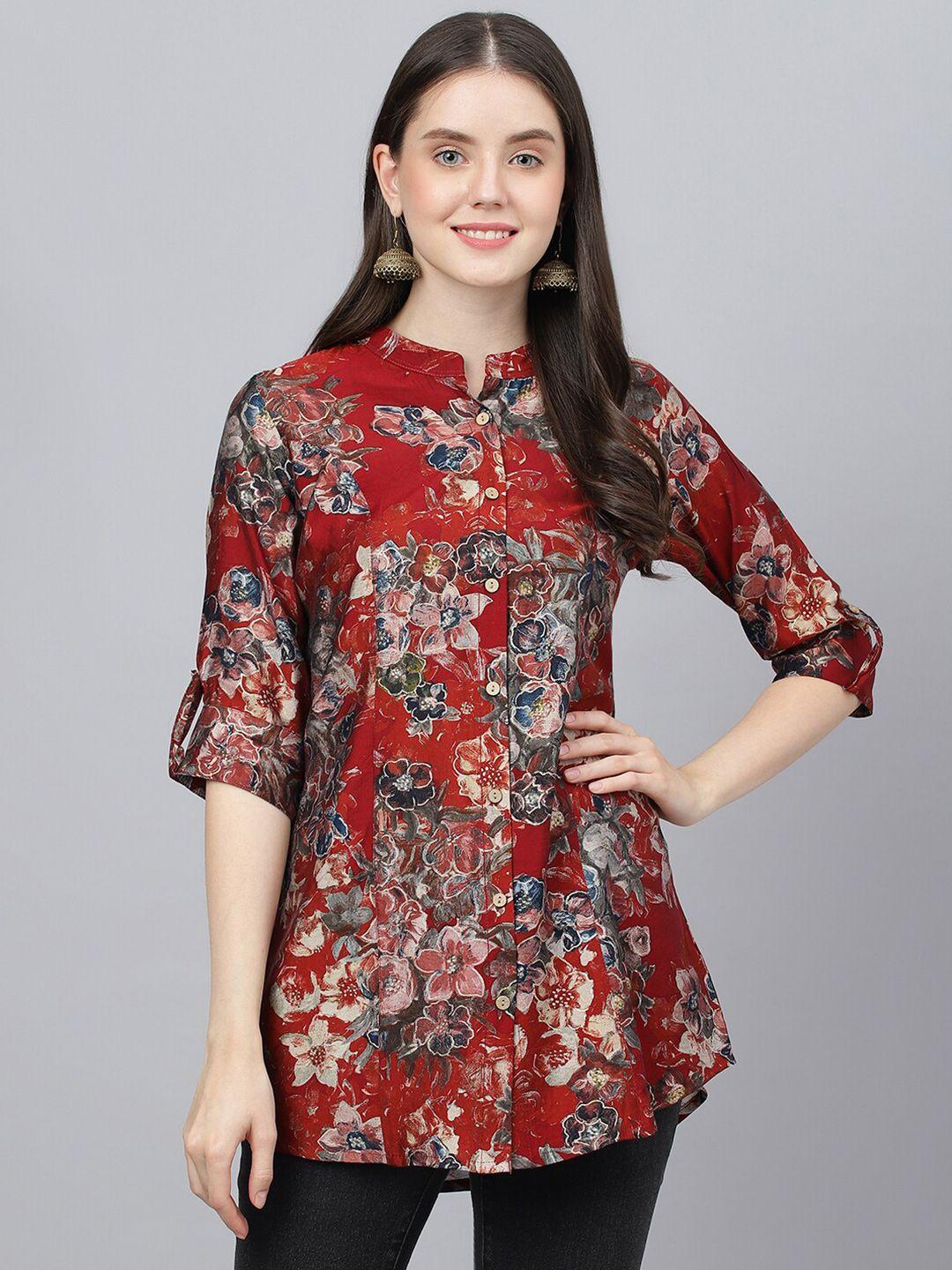 divena floral printed mandarin collar roll-up sleeves shirt style top