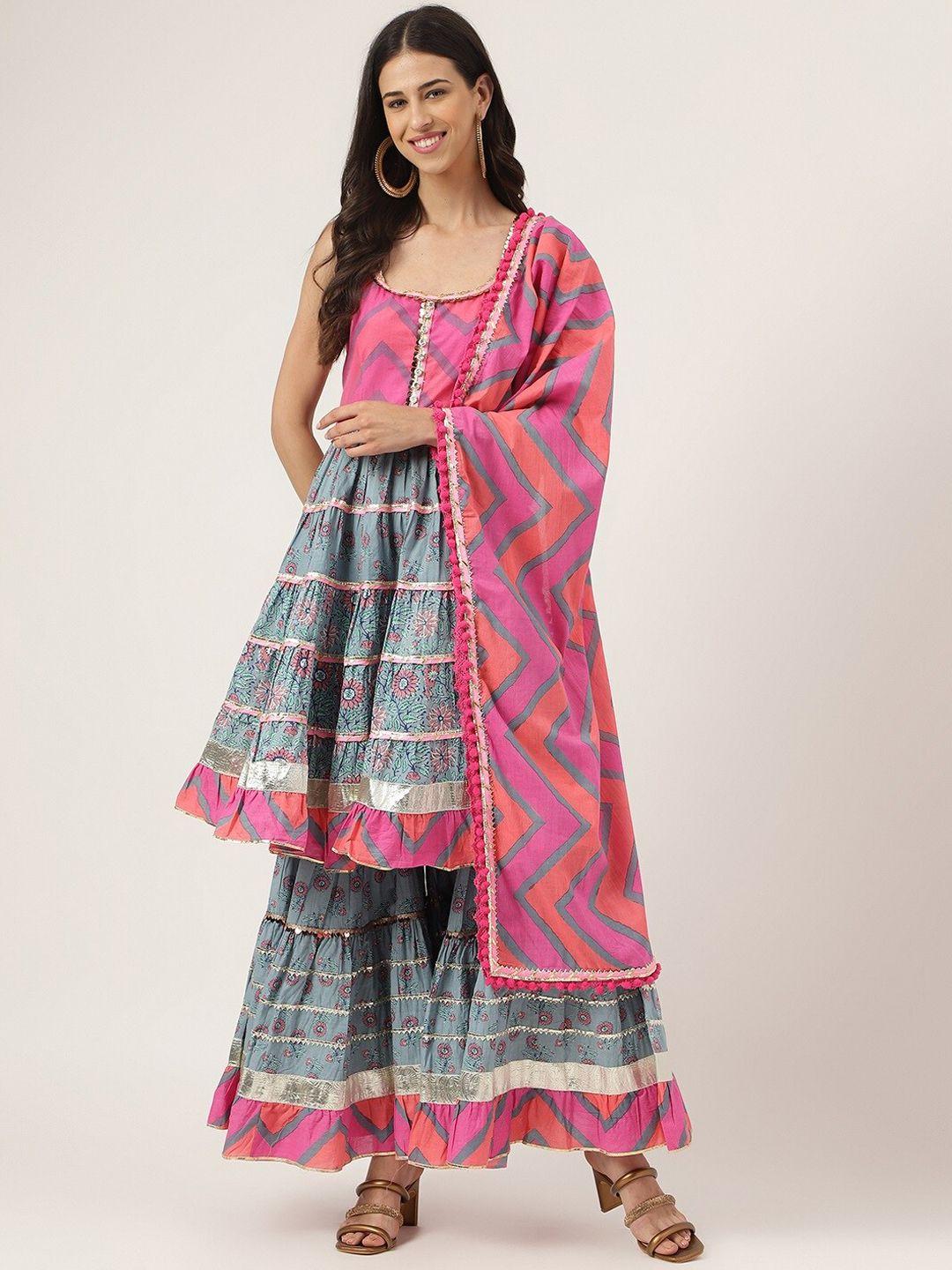 divena floral printed shoulder strap sequinned pure cotton kurta with sharara & dupatta