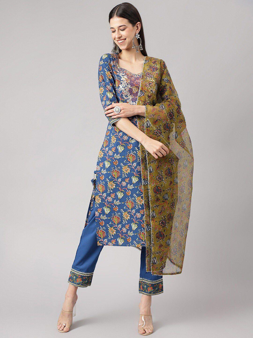 divena floral printed zardozi pure cotton kurta with trousers & dupatta