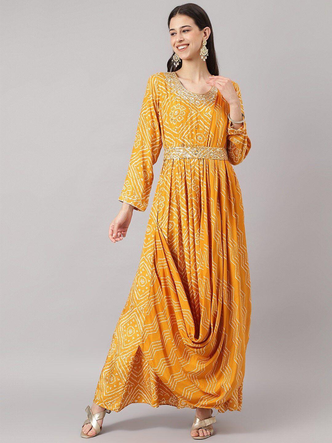 divena mustard yellow ethnic motifs maxi dress