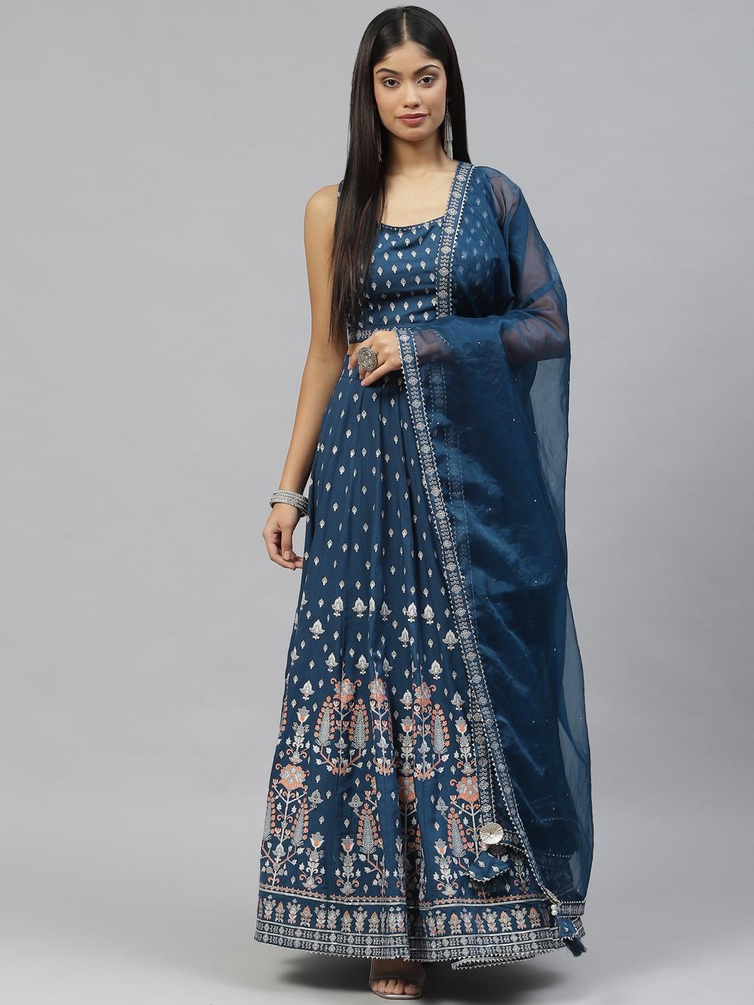 divena navy blue printed sequinned ready to wear lehenga & blouse with dupatta