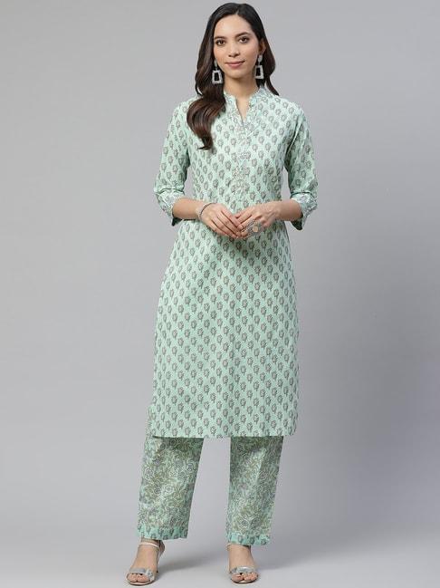 divena sea green cotton printed kurti pant set