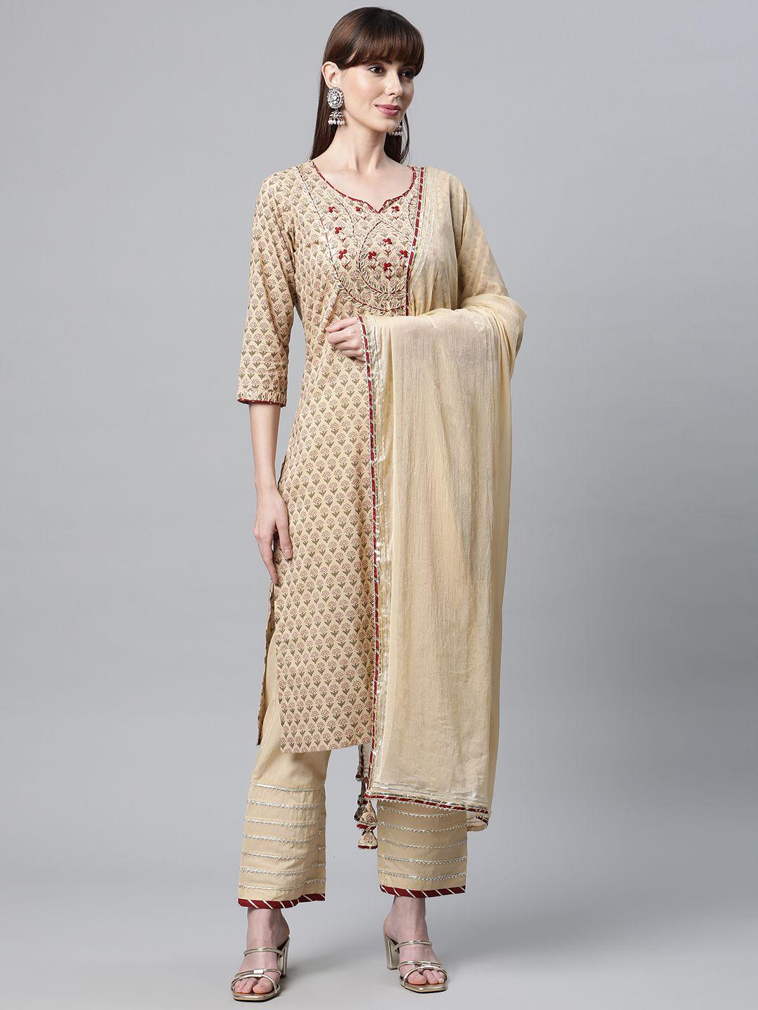 divena women beige floral printed pure cotton kurta with trousers & with dupatta