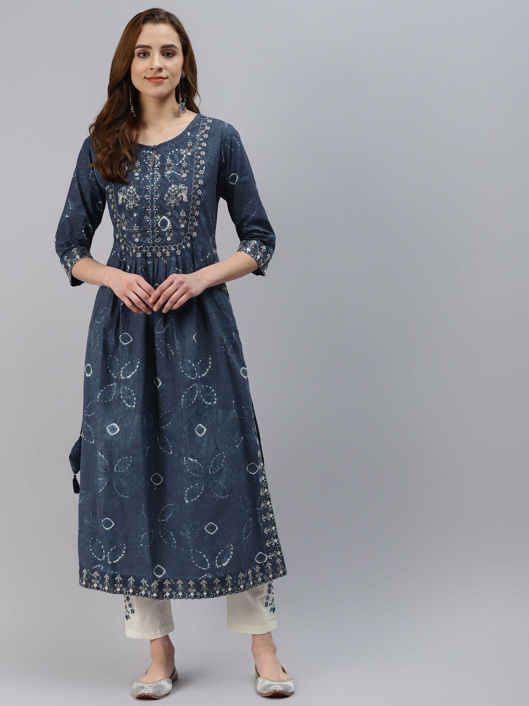 divena women blue embroidered regular pure cotton kurta with palazzos