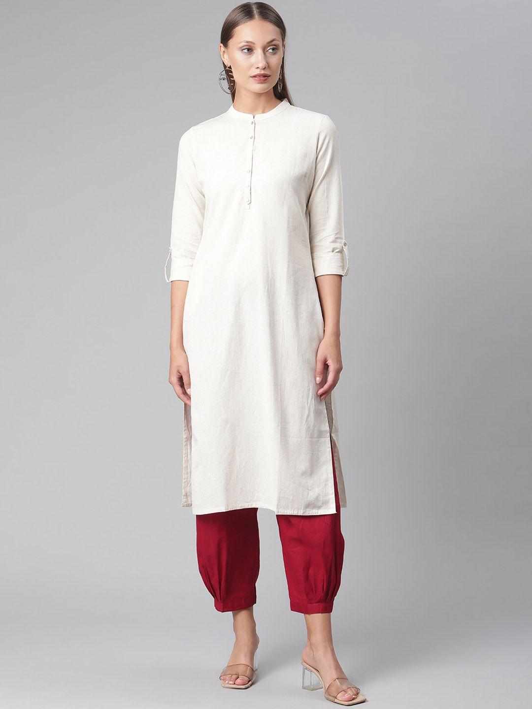 divena women mandarin collar thread work cotton kurta
