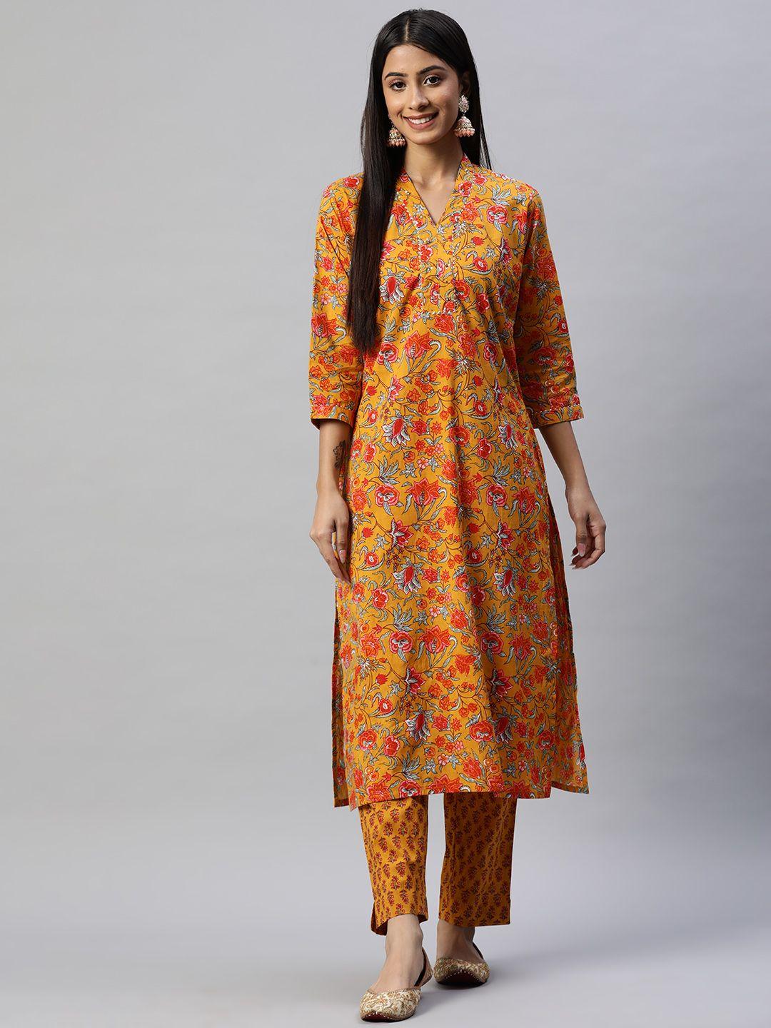 divena women mustard yellow & red ethnic printed pure cotton kurta with trousers