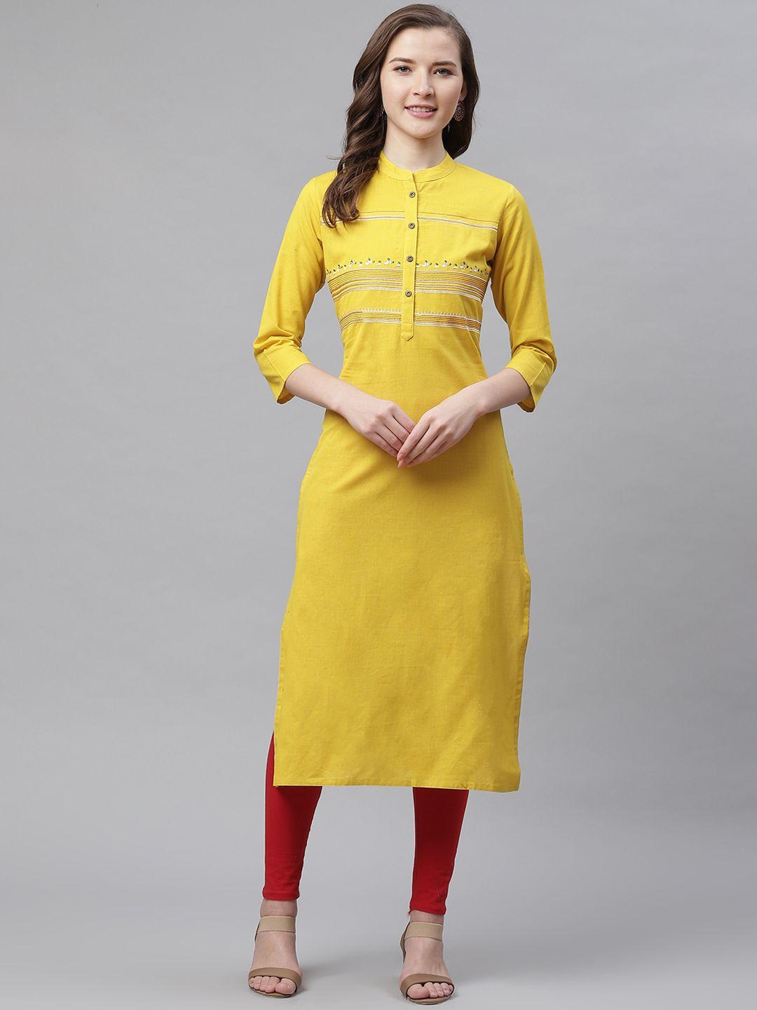 divena women mustard yellow yoke design straight kurta