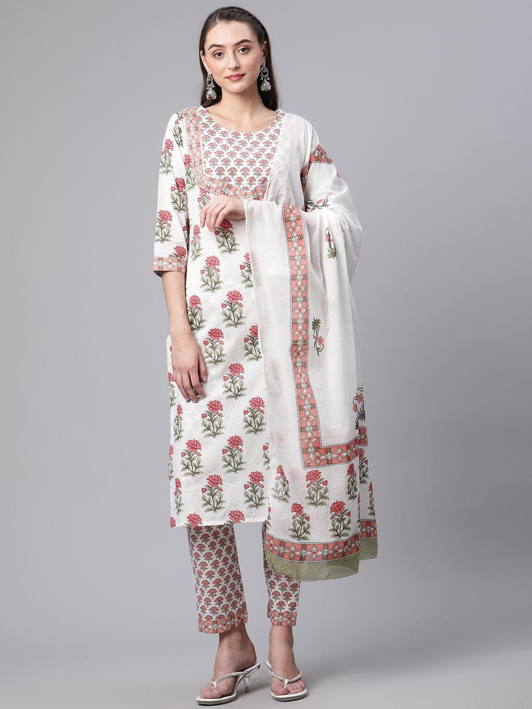 divena women white floral printed gotta patti pure cotton kurta with trousers & with dupatta