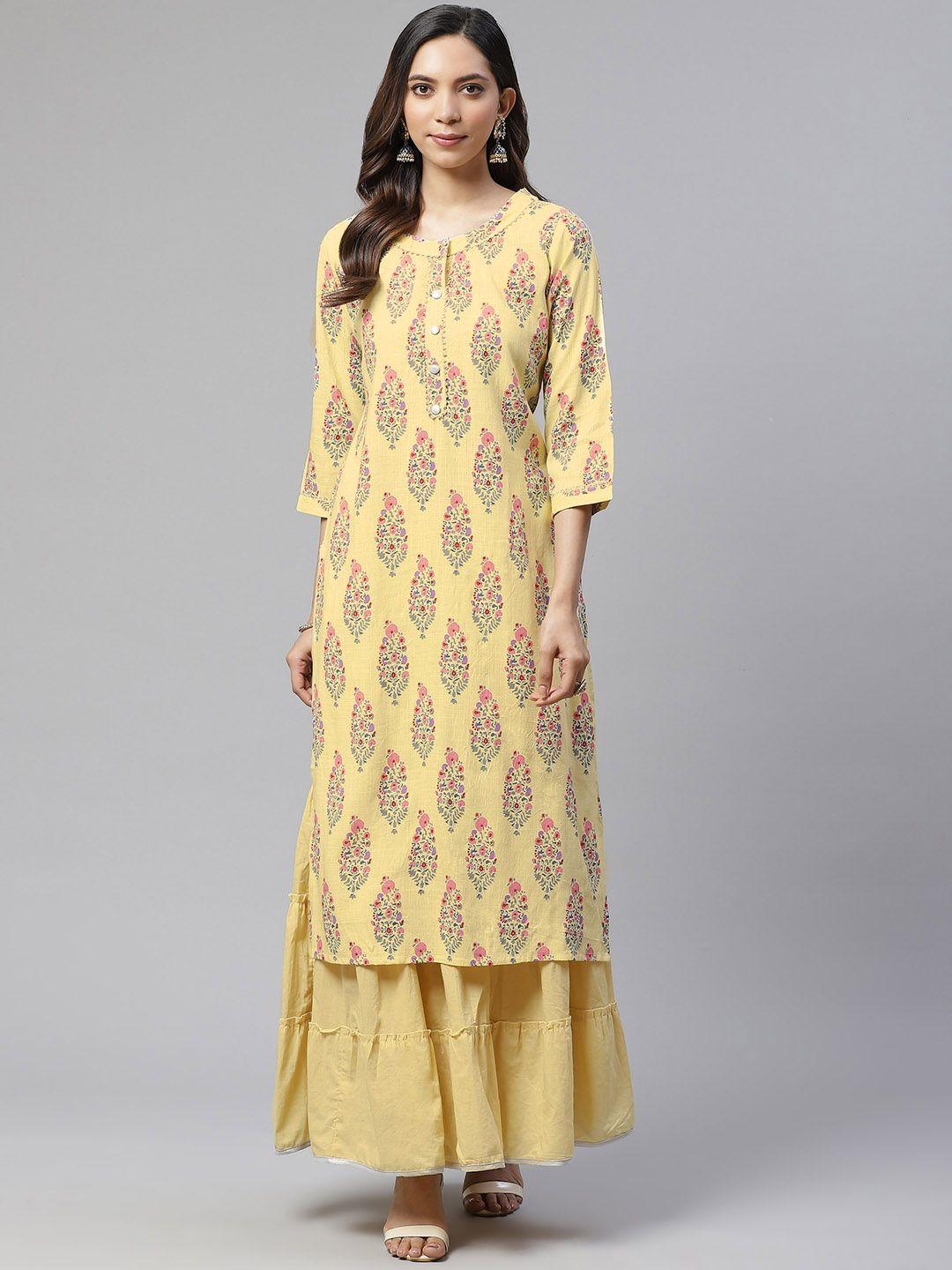 divena women yellow & pink printed kurta with sharara