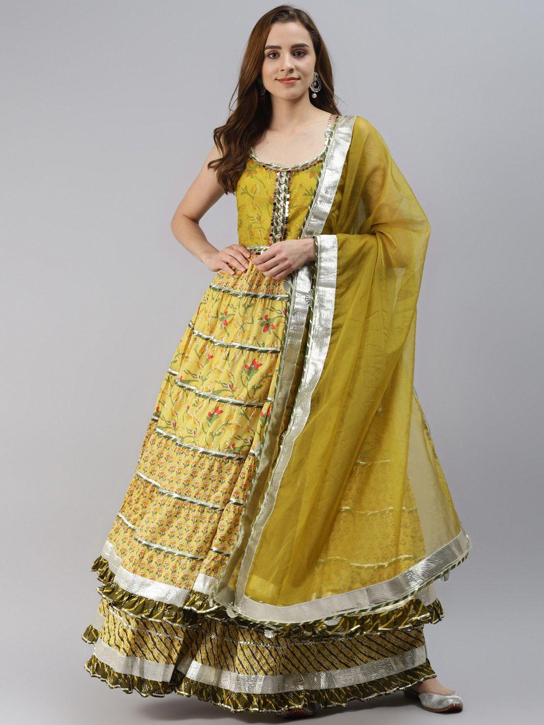 divena women yellow ethnic motifs embroidered layered gotta patti pure cotton kurta with skirt & with