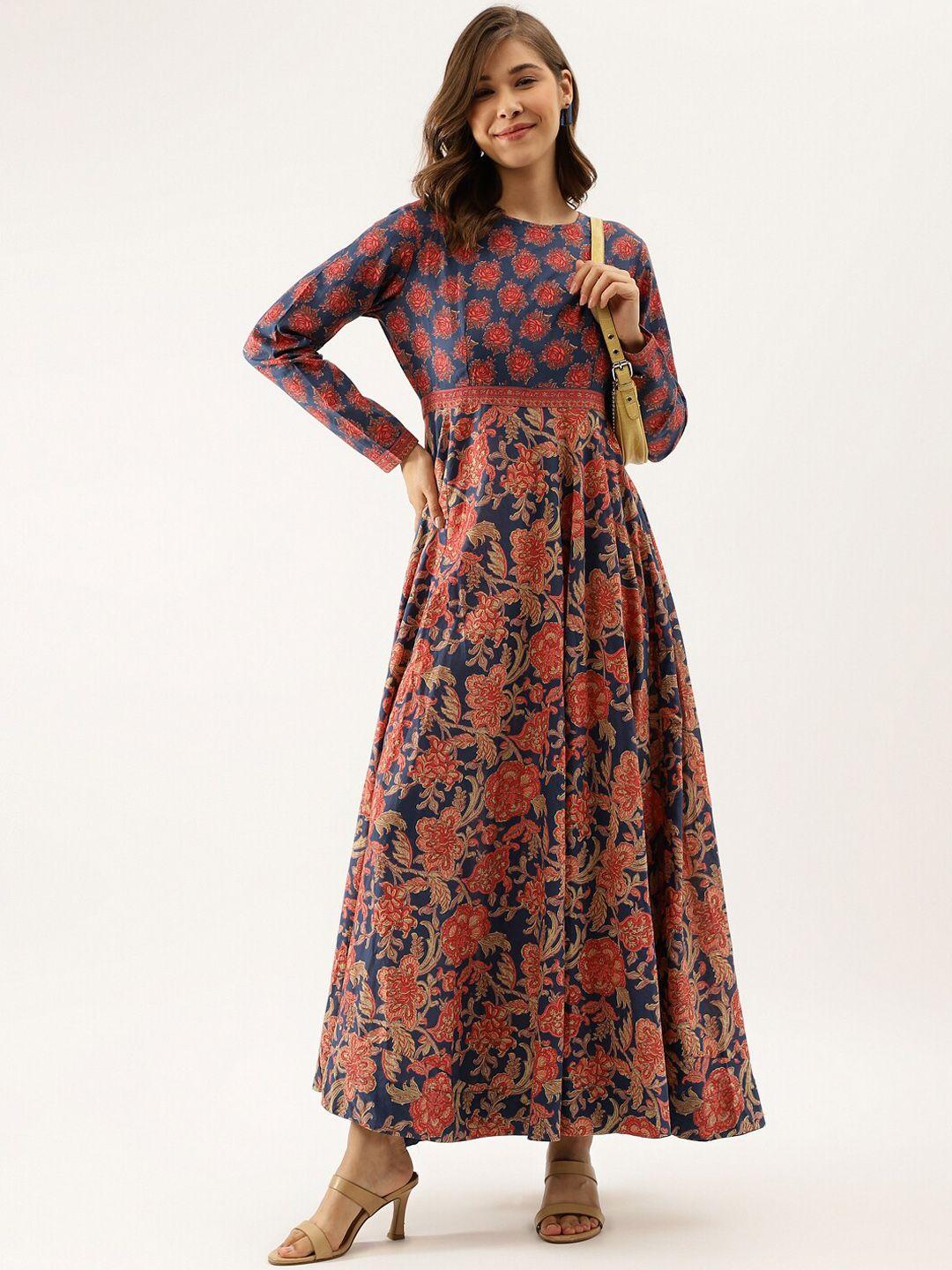 divena  floral printed pure cotton fit and flare maxi ethnic dress