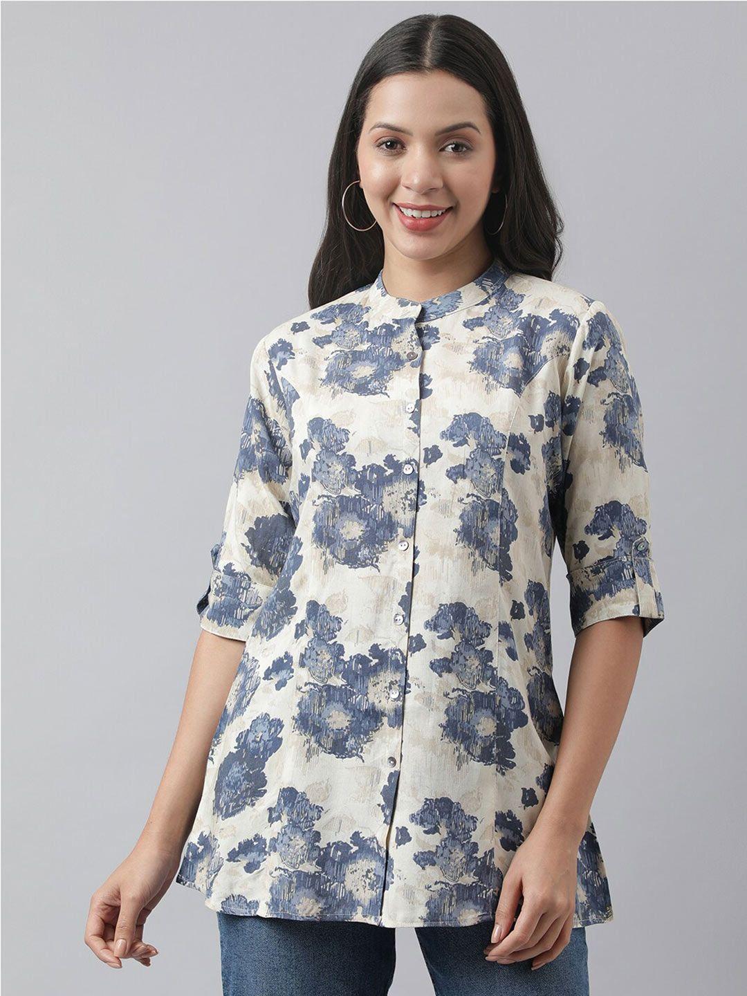 divena abstract printed mandarin collar roll-up sleeves a-line shirt style top
