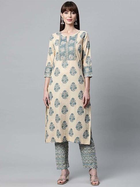 divena beige & green cotton floral print kurta pant set