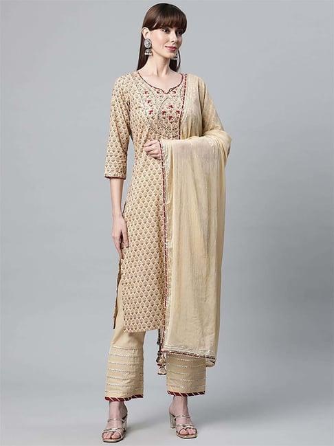 divena beige cotton embroidered kurta pant set with dupatta