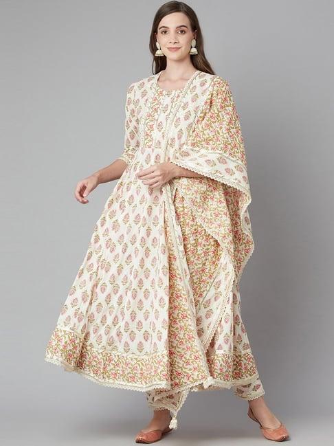 divena beige cotton printed kurta pant set with dupatta
