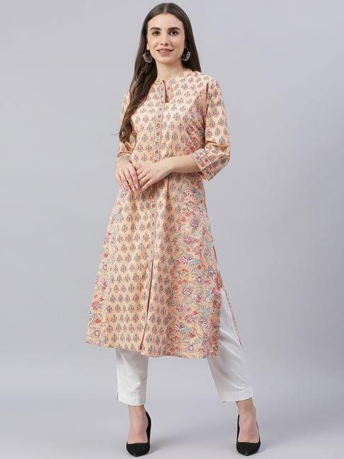 divena beige cotton printed straight kurta