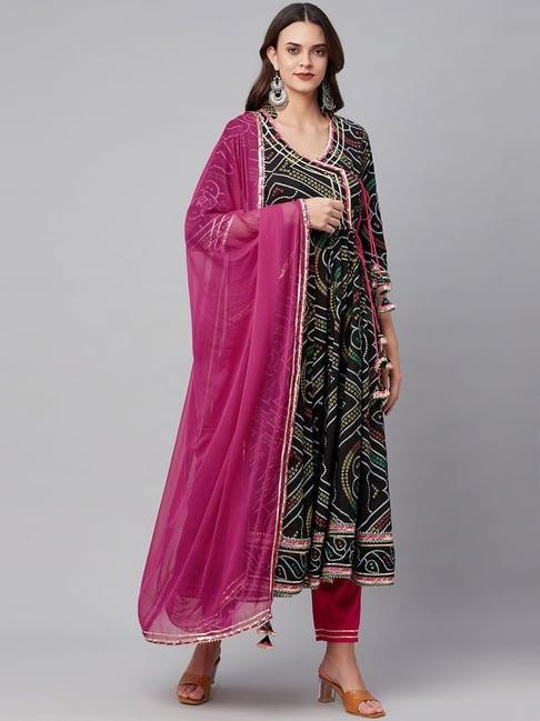 divena black & pink pure cotton bandhani print kurta pant set with dupatta